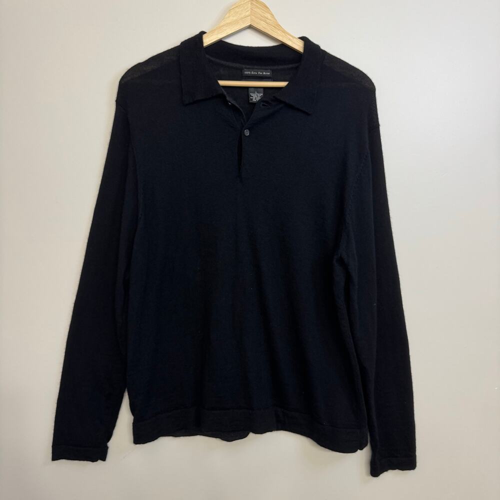 Cezani Men’s Polo Sweater Black Extra Fine Merino Wool Collared Business Casual